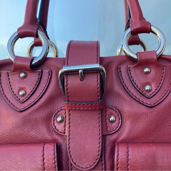 MARC JACOBS Handbag Deep Red Double Pockets Leather Silver Hardware Satchel - Picture 4 of 16